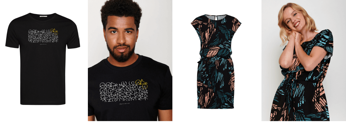 Greenbomb Fashion - ein Mann im schwarzen Shirt und eine Frau m schwarz gemusterten Kleid